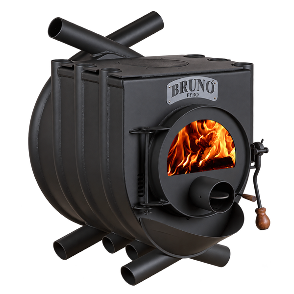 Bruno Pyro Warmluftofen aus Stahl mit runder Sichtscheibe und brennendem Feuer im Inneren.
