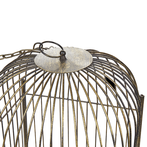 Detailaufnahme eines dekorativen Vogelkäfigs mit Aufhängekette.