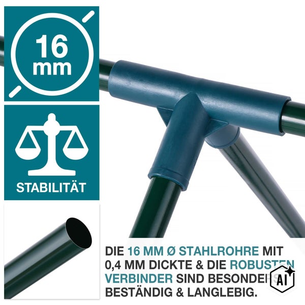 Stahlrohrverbinder für Gewächshaus mit 16 Millimeter Durchmesser für hohe Stabilität und Langlebigkeit.