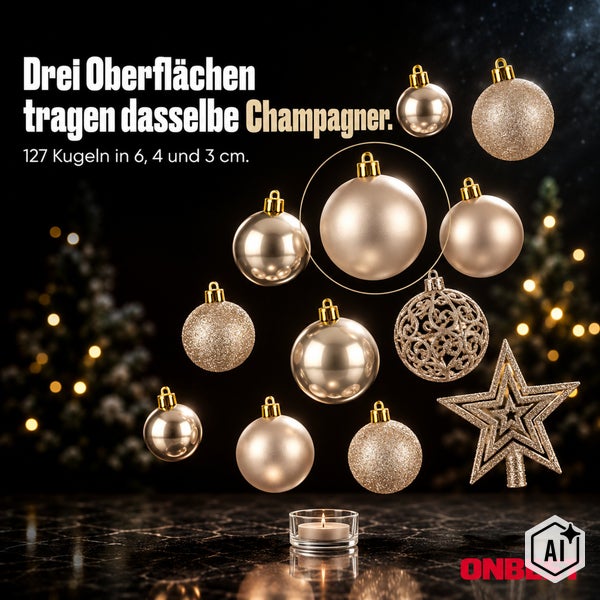 Set mit 127 Champagner farbenen Weihnachtskugeln in verschiedenen Oberflächen und Größen von 3, 4 und 6 Zentimeter inklusive einem Weihnachtsstern.
