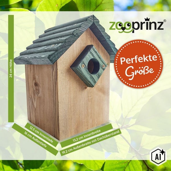 Nistkasten für Vögel aus Holz mit schrägem Dach und Einflugloch, Maße im Bild angegeben, Zooprinz Logo