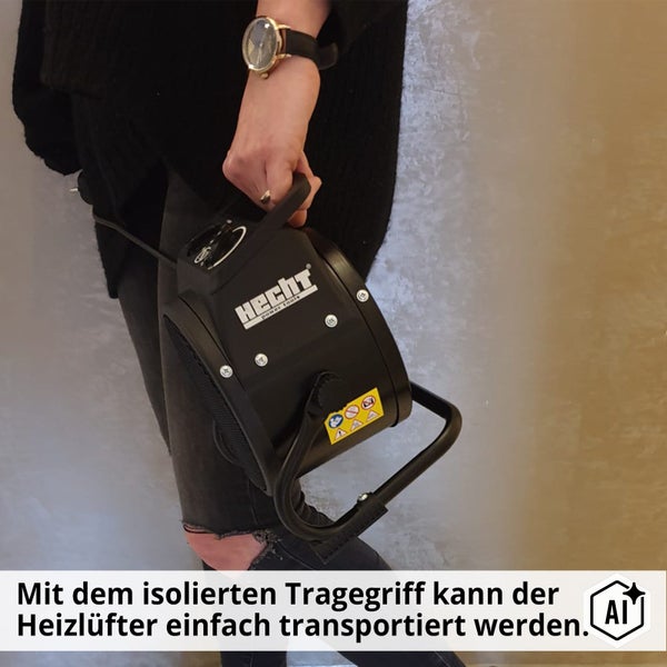 Person trägt einen elektrischen Hecht Heizlüfter am isolierten Tragegriff für einfachen Transport.