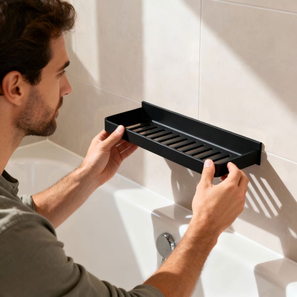 Ein Mann montiert ein rechteckiges Duschregal aus Metall an einer gefliesten Wand im Badezimmer.
