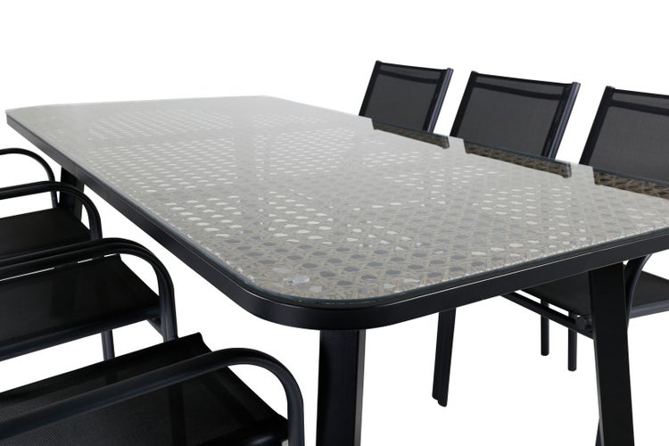 Gartentisch mit Glasplatte und Stühlen