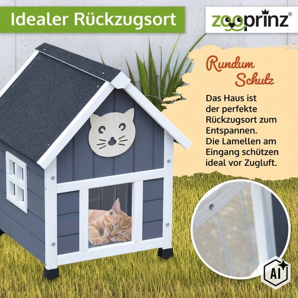 Holz Katzenhaus mit Lamellenvorhang und Dach, idealer Rückzugsort für Katzen.