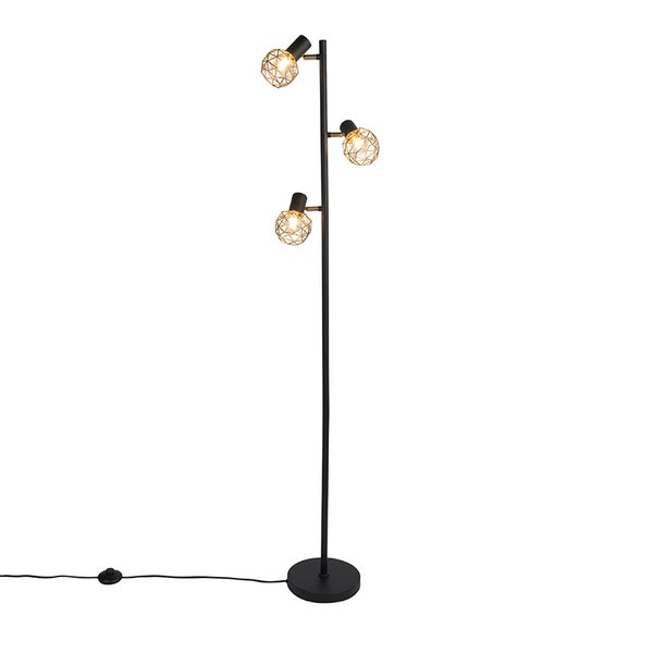 QAZQA - Modern Design Stehleuchte I Stehlampe I Standleuchte I Lampe I Leuchte schwarz mit Gold I Messing 3-Licht verstellbar - Mesh I Wohnzimmer I Schlafzimmer - Stahl Länglich - LED geeignet E14