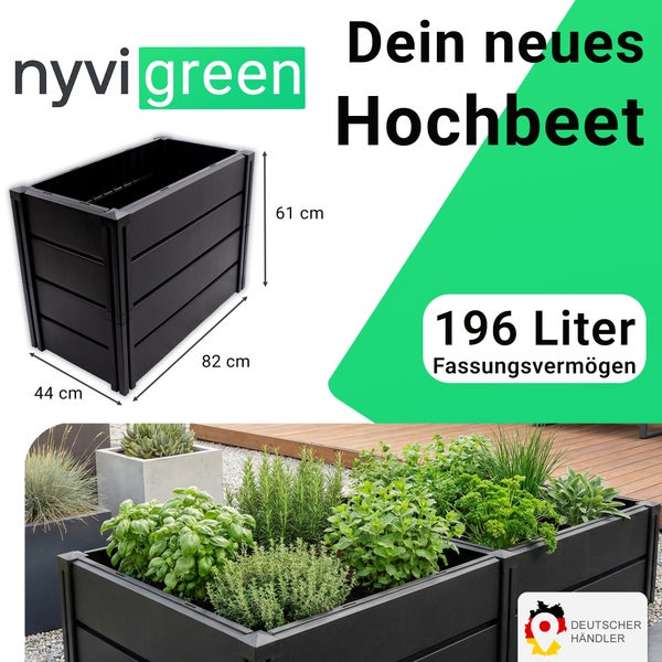 Nyvi Green Hochbeet mit 196 Liter Fassungsvermögen und Maßen 82 x 44 x 61 Zentimeter inklusive Anwendungsbeispiel mit Kräutern.
