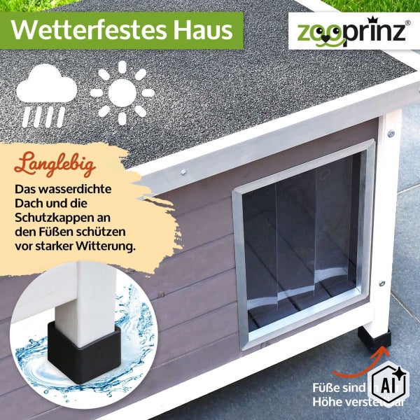 Wetterfeste Tierhütte aus Holz mit wasserdichtem Dach und höhenverstellbaren Füßen mit Schutzabdeckungen inklusive Zooprinz Logo.