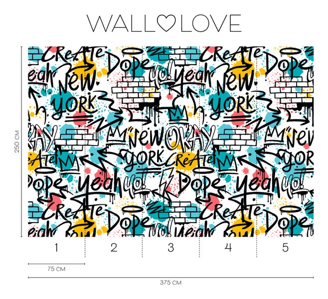 Tapete mit Graffiti-Motiv und Maßangaben