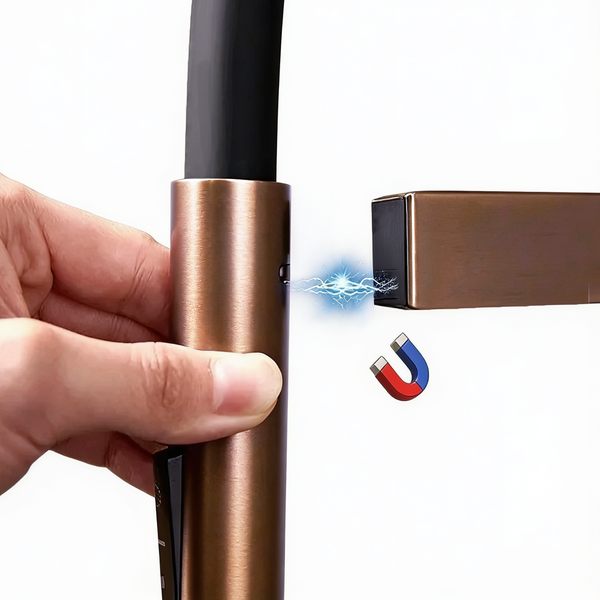Hand hält Küchenarmatur mit magnetischer Brausehalterung und Brauseschlauch