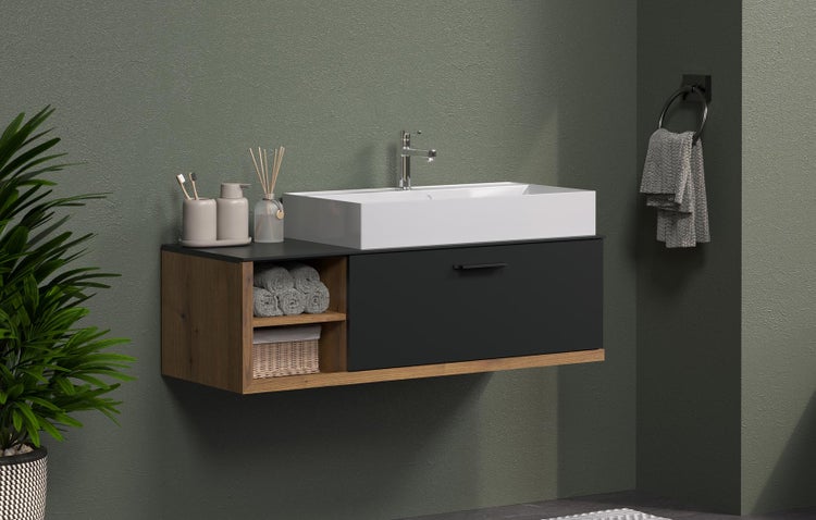 Synnax Waschbeckenunterschrank Bad, 1 Klaptür, 2 Ablagen. Inkl. Waschbecken grau,Eiche dekor. 120 X 45 X 36 cm