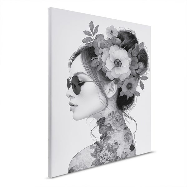 Illustration einer Frau mit Blumen und Sonnenbrille auf Leinwand
