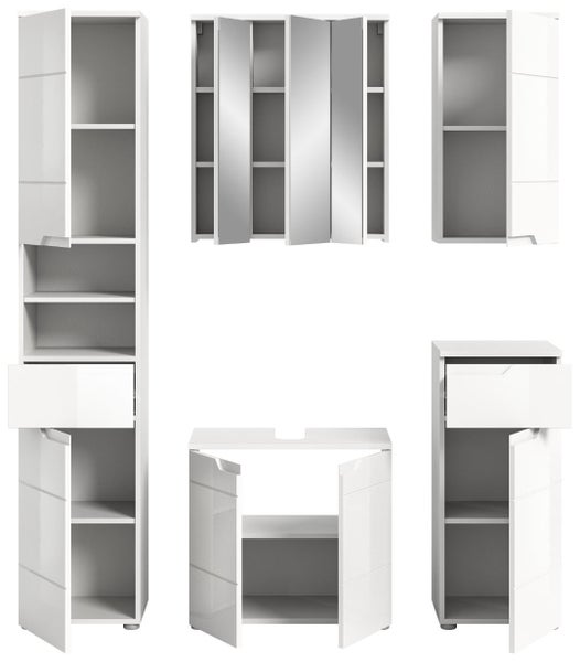 Badezimmermöbel-Set in Weiß bestehend aus Hochschrank, Spiegelschrank, Hängeschrank, Waschbeckenunterschrank und Beistellschrank.