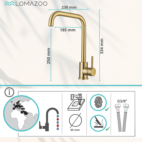 Lomazoo Küchenarmatur in gebürstetem Gold mit Maßangaben und technischen Details zur Installation.