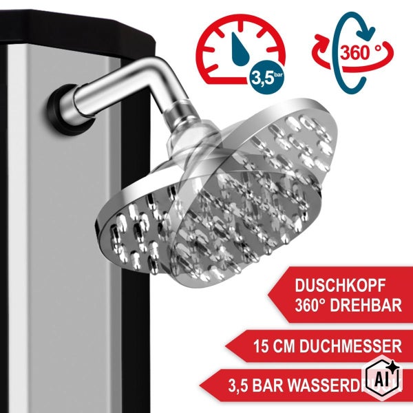 Duschkopf mit 15 Zentimeter Durchmesser und 360 Grad schwenkbarem Gelenk für 3,5 Bar Wasserdruck.