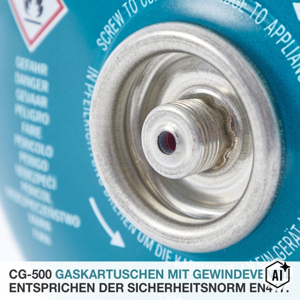 Gaskartusche mit Schraubventil Anschluss fuer Campingkocher nach Sicherheitsnorm EN417