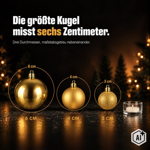 Drei Weihnachtskugeln mit Durchmessern von drei, vier und sechs Zentimetern im direkten Größenvergleich mit einem Teelicht.