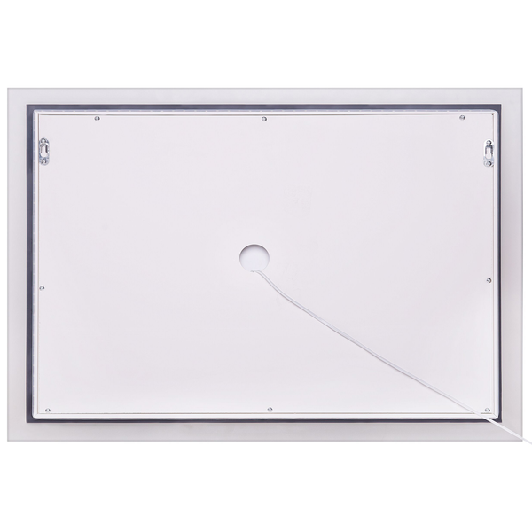 Rückseite eines LED Spiegels mit Aufhängungen und Stromkabel