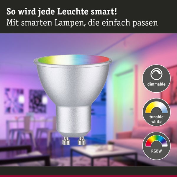 Smarte LED Lampe mit GU10 Sockel für Wohnraumbeleuchtung, dimmbar mit einstellbarer Farbtemperatur und Farbwechsel Funktion.