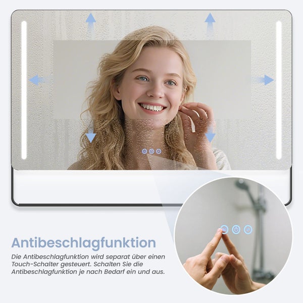 Badezimmerspiegel mit LED Beleuchtung und Antibeschlagfunktion durch Touch Schalter gesteuert.