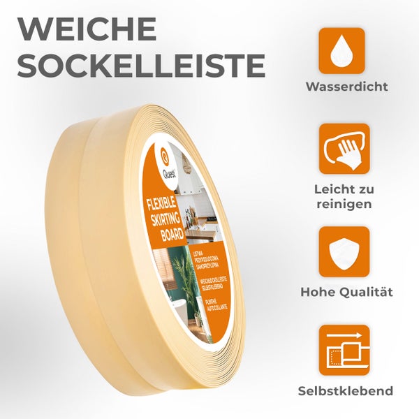 Eine Rolle weiche, selbstklebende Sockelleiste von Quest mit Symbolen für Wasserdichtigkeit, einfache Reinigung, hohe Qualität und Selbstklebung.