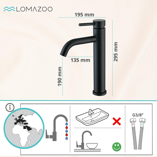 Lomazoo Waschtischarmatur mit Maßzeichnung und Installationshinweisen für Aufsatzwaschbecken und G 3/8 Zoll Anschlussschläuche.