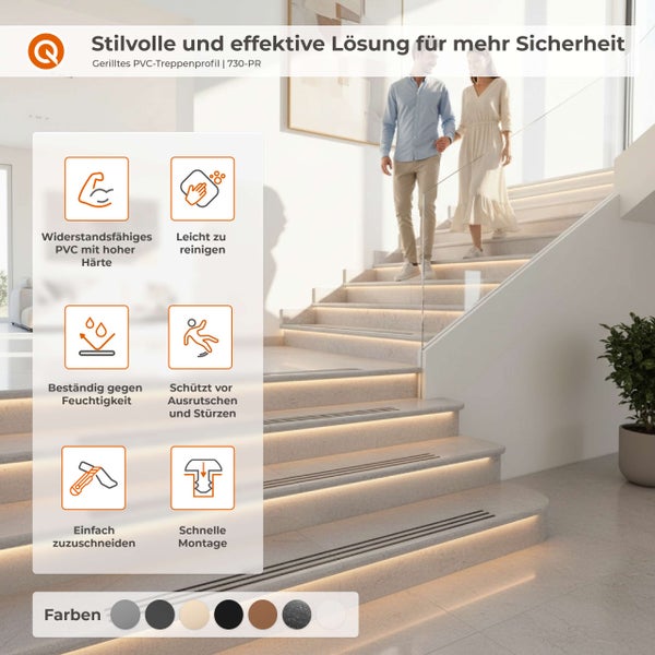 Gerilltes PVC-Treppenprofil als rutschfeste Kantenleiste auf einer Steintreppe mit Paar im Hintergrund und sechs Produktvorteilssymbolen.
