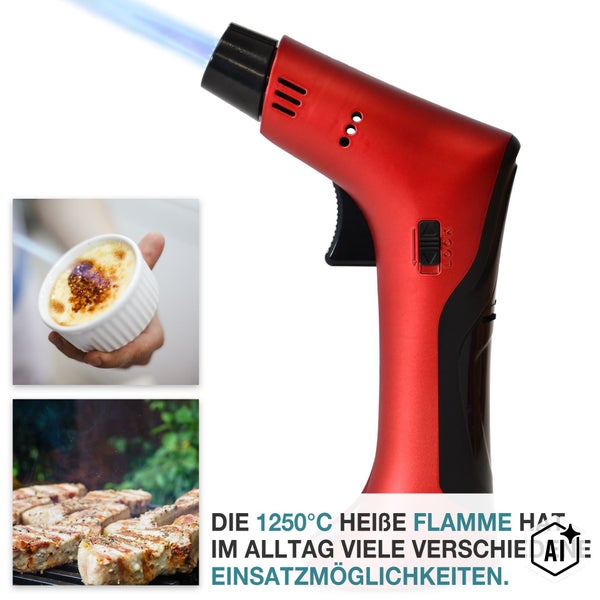 Ein nachfüllbarer Flambierbrenner mit Piezozündung zum Karamellisieren von Speisen oder Anzünden von Grillgut mit einer Temperatur von 1250 Grad.