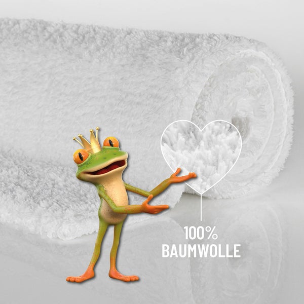 Weiches Textil aus 100 Prozent Baumwolle mit Detailansicht der Oberfläche und kleiner Froschfigur.