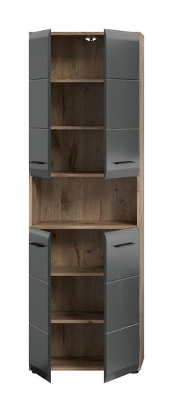 Moderner Badezimmer-Hochschrank mit vier anthrazitfarbenen Türen, offenem Fach und Korpus in Eichenoptik. Geöffnete Türen zeigen die Innenfächer.