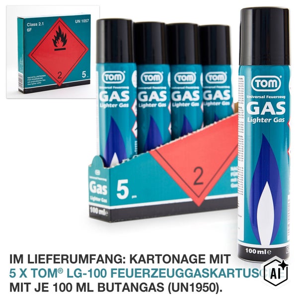 Set mit 5 Tom Feuerzeuggas Kartuschen je 100 Milliliter Butangas in Kartonverpackung.