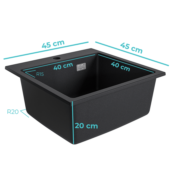Quadratische Granitspüle mit Maßen 45 mal 45 Zentimeter und einer Beckentiefe von 20 Zentimetern.