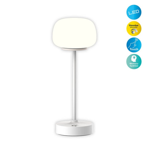 LED Akku-/ Tischleuchte PINA 30 cm hoch, aus Metall (weiß) und Glas (weiß), integrierte LEDs, warmweiß