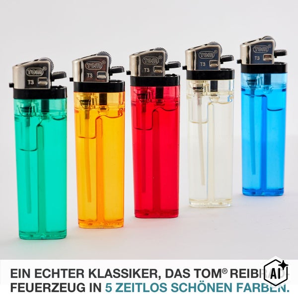 Set mit fünf nachfüllbaren TOM Reibradfeuerzeugen aus Kunststoff in verschiedenen Ausführungen