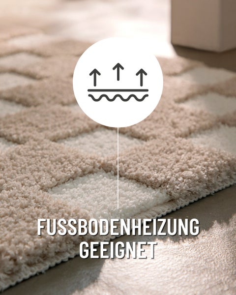 Weicher Badeteppich mit Karomuster, rutschfester TPE-Rückseite, waschbar bei 30 Grad Celsius und für Allergiker geeignet.