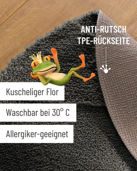 Weicher Teppichflor, rutschhemmende TPE-Rückseite, waschbar bei 30 Grad Celsius, für Allergiker geeignet.