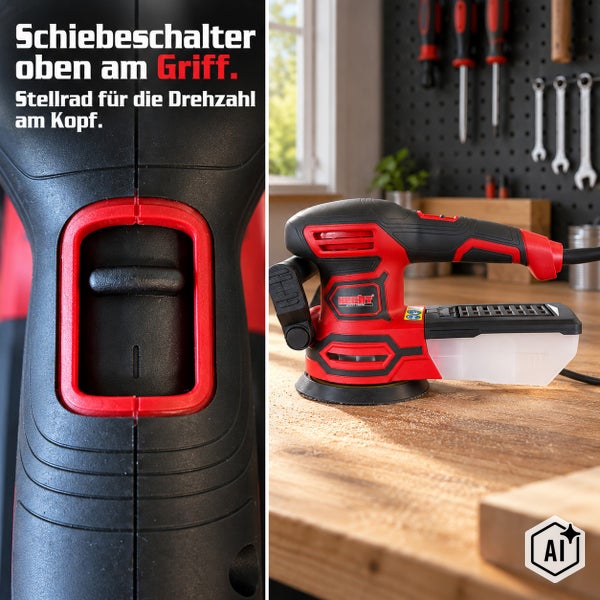 Exzenterschleifer von Hecht mit 200 Zentimeter Kabellänge und Schutzklasse zwei für Holzbearbeitung auf einer Werkbank.
