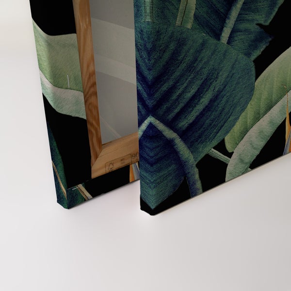 Wandbild auf Leinwand mit Tropenblatt Motiv und Holzrahmen