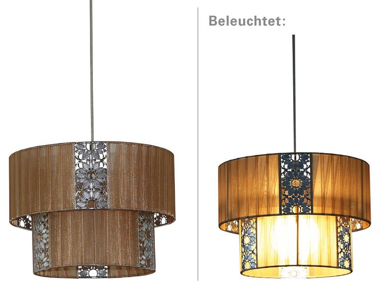 Zweischichtige Hängelampe mit floralen Mustern, Darstellung mit und ohne Beleuchtung.