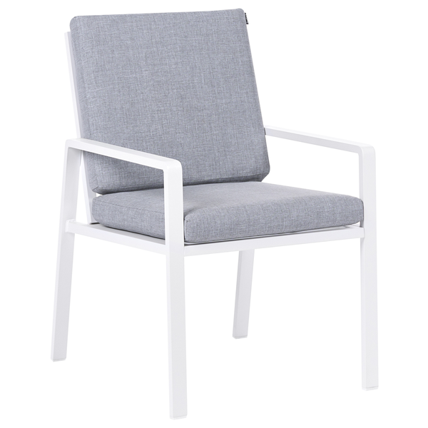Gartenstuhl mit Armlehnen und grauen Sitzkissen