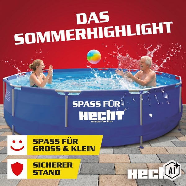 Rundes Hecht Stahlrahmenbecken mit zwei Personen, die mit einem Ball im Wasser spielen, inklusive Hecht Logo und Werbetext.