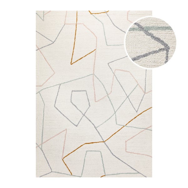 Teppich mit abstraktem geometrischem Linienmuster und Detailansicht der Schlingenstruktur.