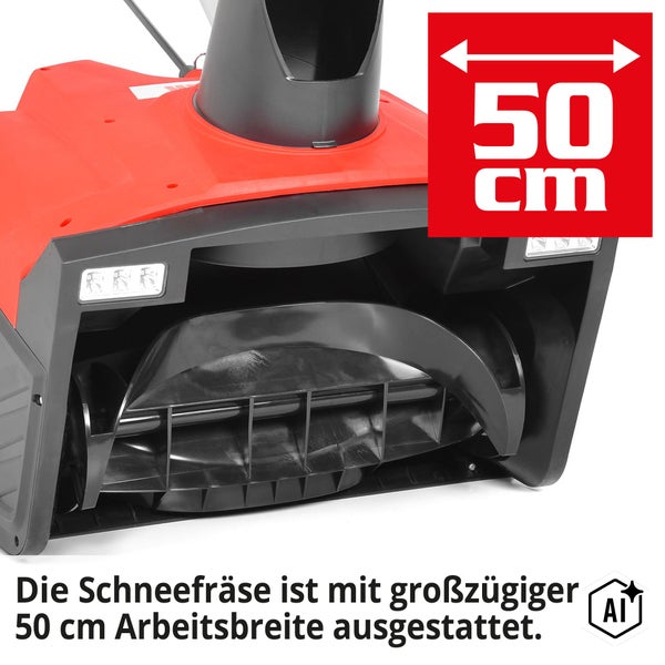 Schneefräse mit 50 Zentimeter Arbeitsbreite und integrierten LED Scheinwerfern zur effizienten Schneeräumung.