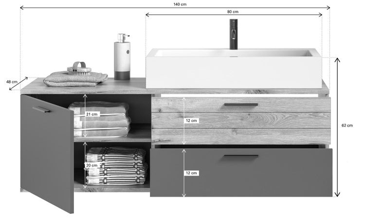 Mason Waschbeckenunterschrank 140cm 1 Tür, 2 Schubladen grau,Eiche dekor. 140 X 46 X 62 cm
