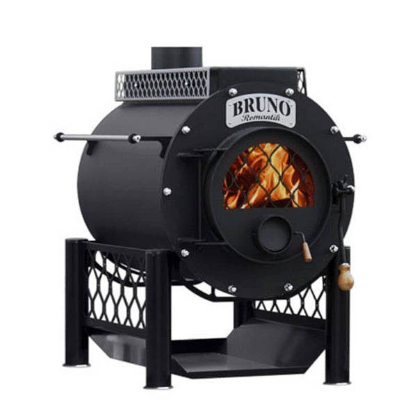 Schwarzer Ofen mit Kochplatte und Feuer sichtbar durch eine Glasscheibe