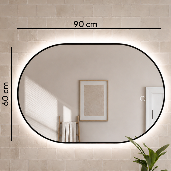 Ovaler LED Wandspiegel mit schwarzem Rahmen, 90 mal 60 Zentimeter, mit integrierter Beleuchtung für Badezimmer.