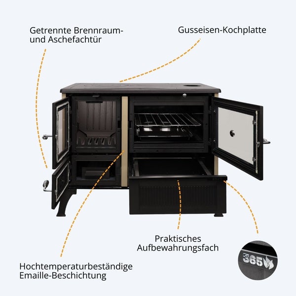 Holzherd mit offenen Türen, Gusseisen-Kochplatte, hitzebeständiger Emaille-Beschichtung und Aufbewahrungsfach.