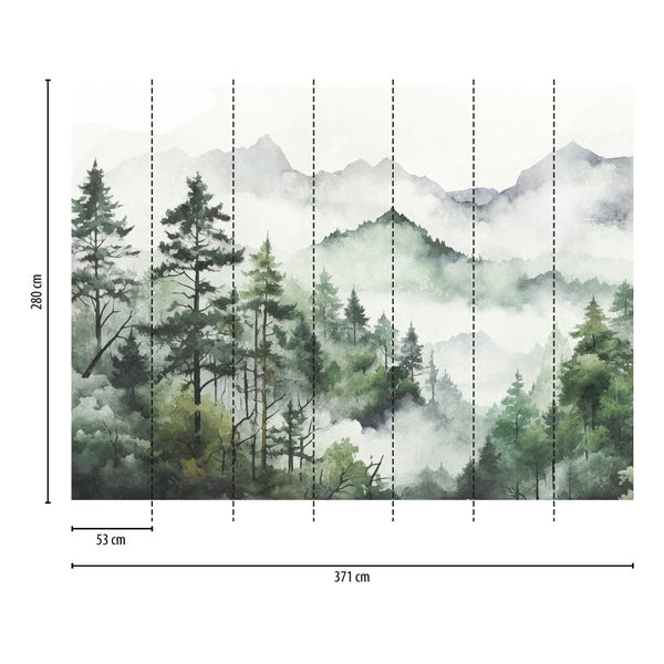 Fototapete mit Aquarell-Wald und Bergen im Nebel, Breite 371 Zentimeter, Höhe 280 Zentimeter, 7 Bahnen zu je 53 Zentimeter.