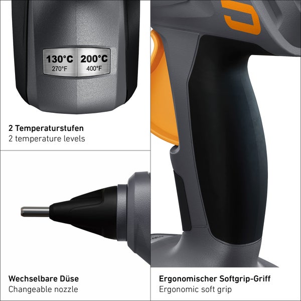 Detailansicht einer Heißklebepistole mit zwei Temperaturstufen bei 130 Grad und 200 Grad, auswechselbarer Düse und ergonomischem Softgrip Griff.