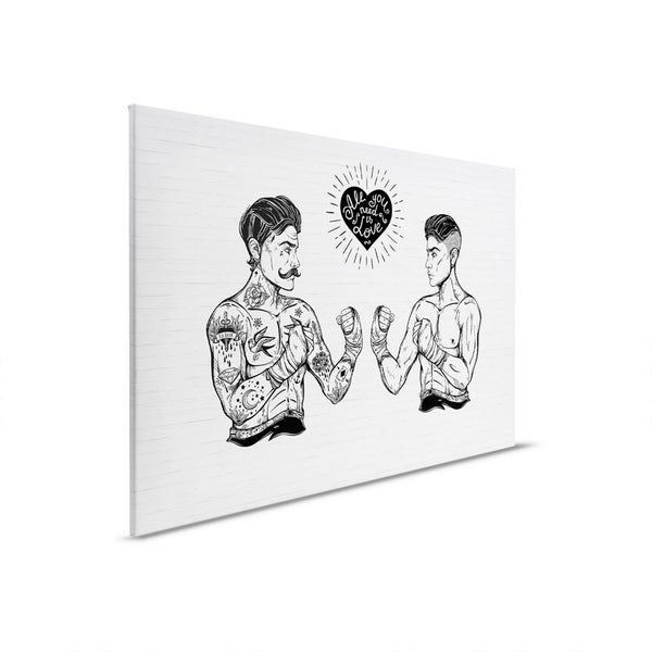 Leinwandbild mit zwei tätowierten Boxern und der Aufschrift 'All you need is love'.